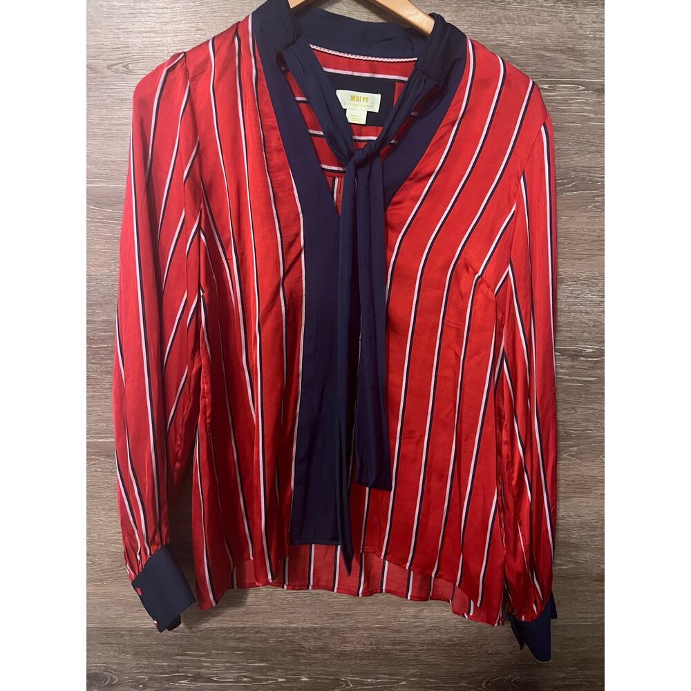 Maeve Anthropologie Blouse Top red Size S Knot v neck stripped classy